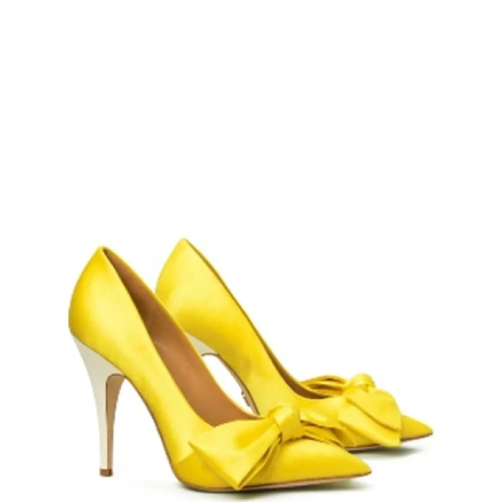 WORN ONCE Tory Burch Satin 110mm Bow Pump Heels in Acidic Yellow Sz 8 Sexy - Picture 3 of 11